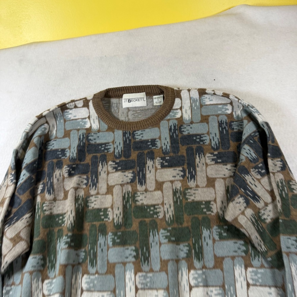 J.T. Beckett Mens XL Vintage Abstract Basketweave Wool Blend Sweater Italy Brown
